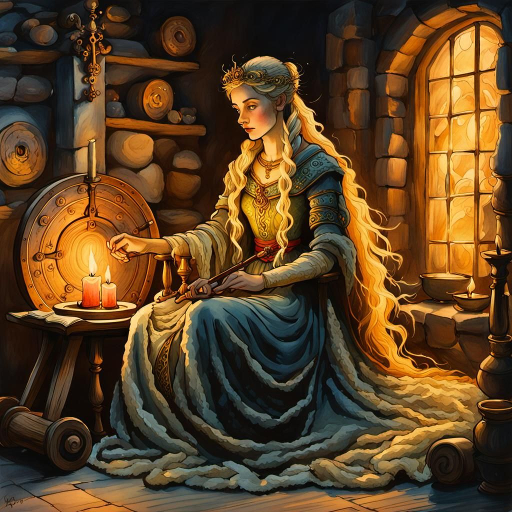Frigga, Norse Goddess, at Her Spinning Wheel