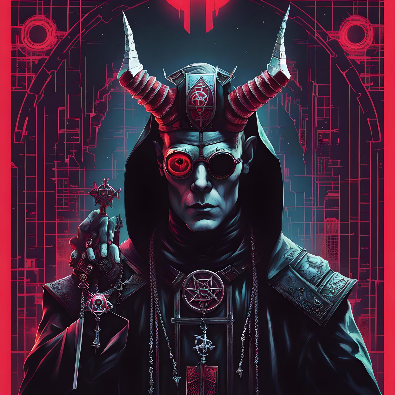 Cyberpunk Satanic Priest in Dystopian Cityscape