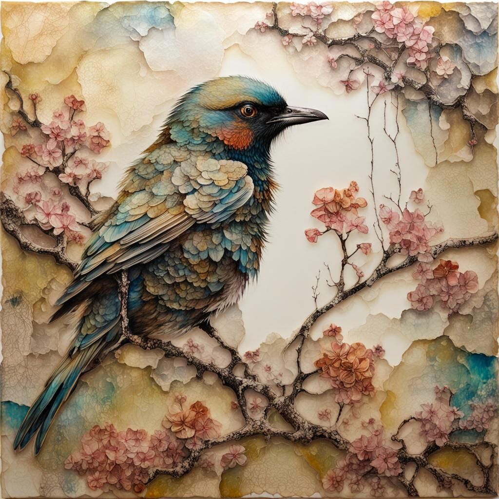 Floral Bird Encaustic Collage in Double Exposure