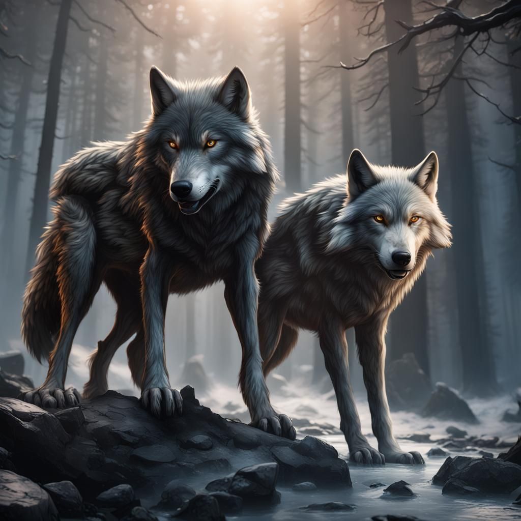 Detailed Matte Painting of Wolves in Fantasy Style