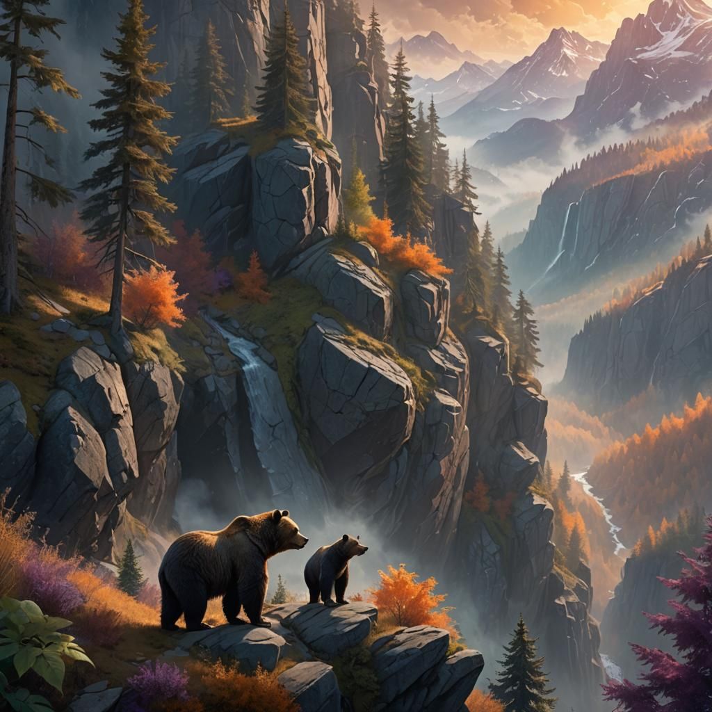 Hybrid Grizzly Bear on Mountain Cliff: Fantasy Art