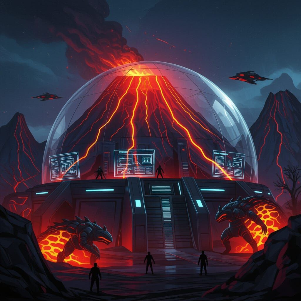Futuristic Volcanic City Lair in Transparent Dome