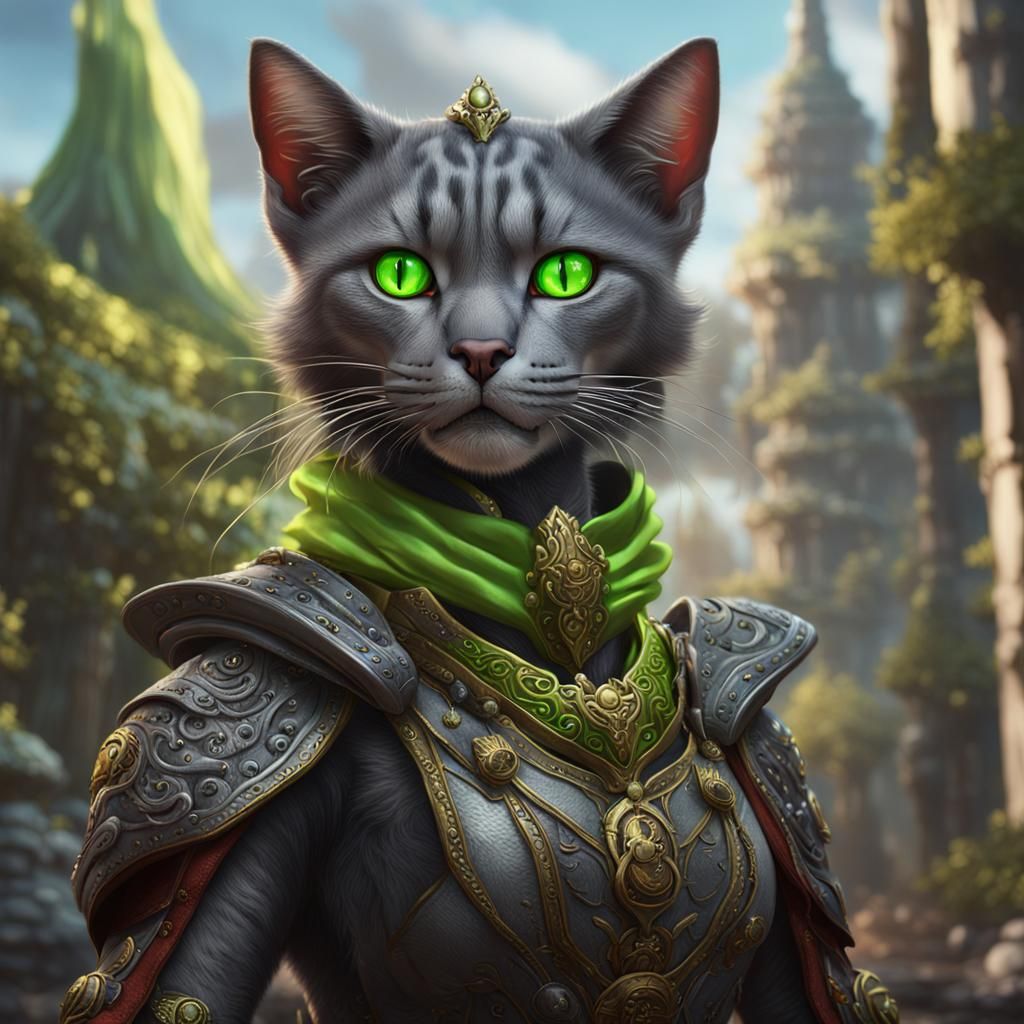 Detailed Grey Tabaxi Rogue with Green Eyes