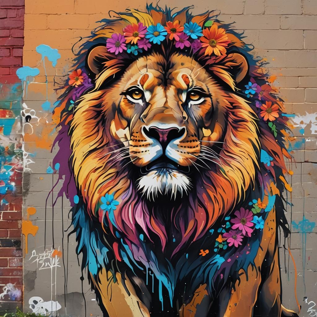 Lion with Floral Mane in Graffiti Art Style