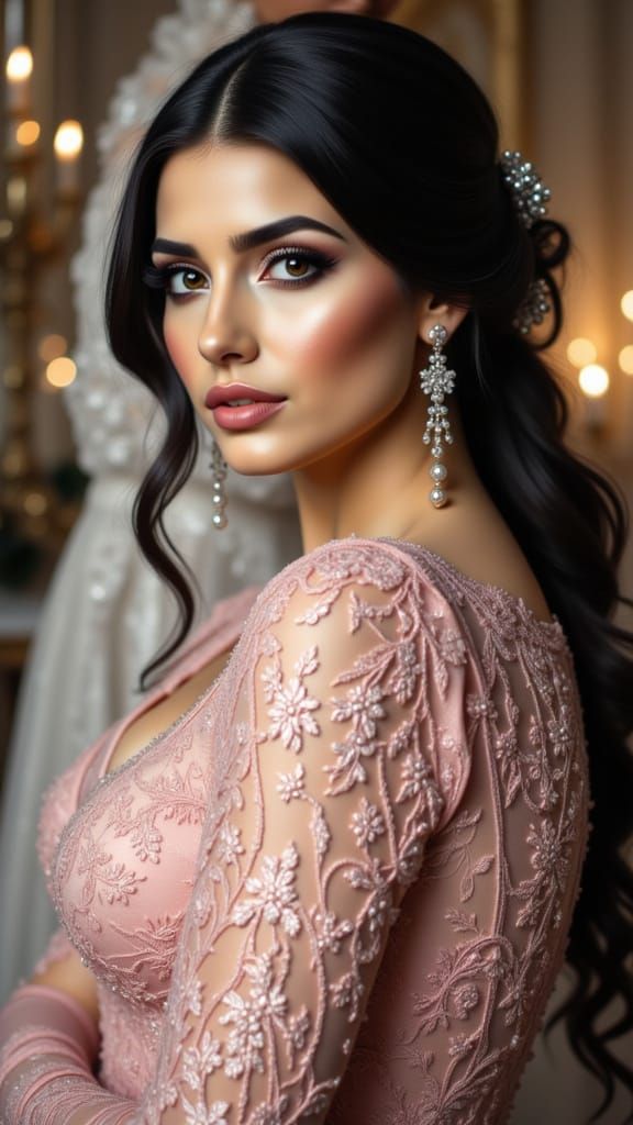 Beautiful Bride Poses in Elegant Lace Wedding Dress