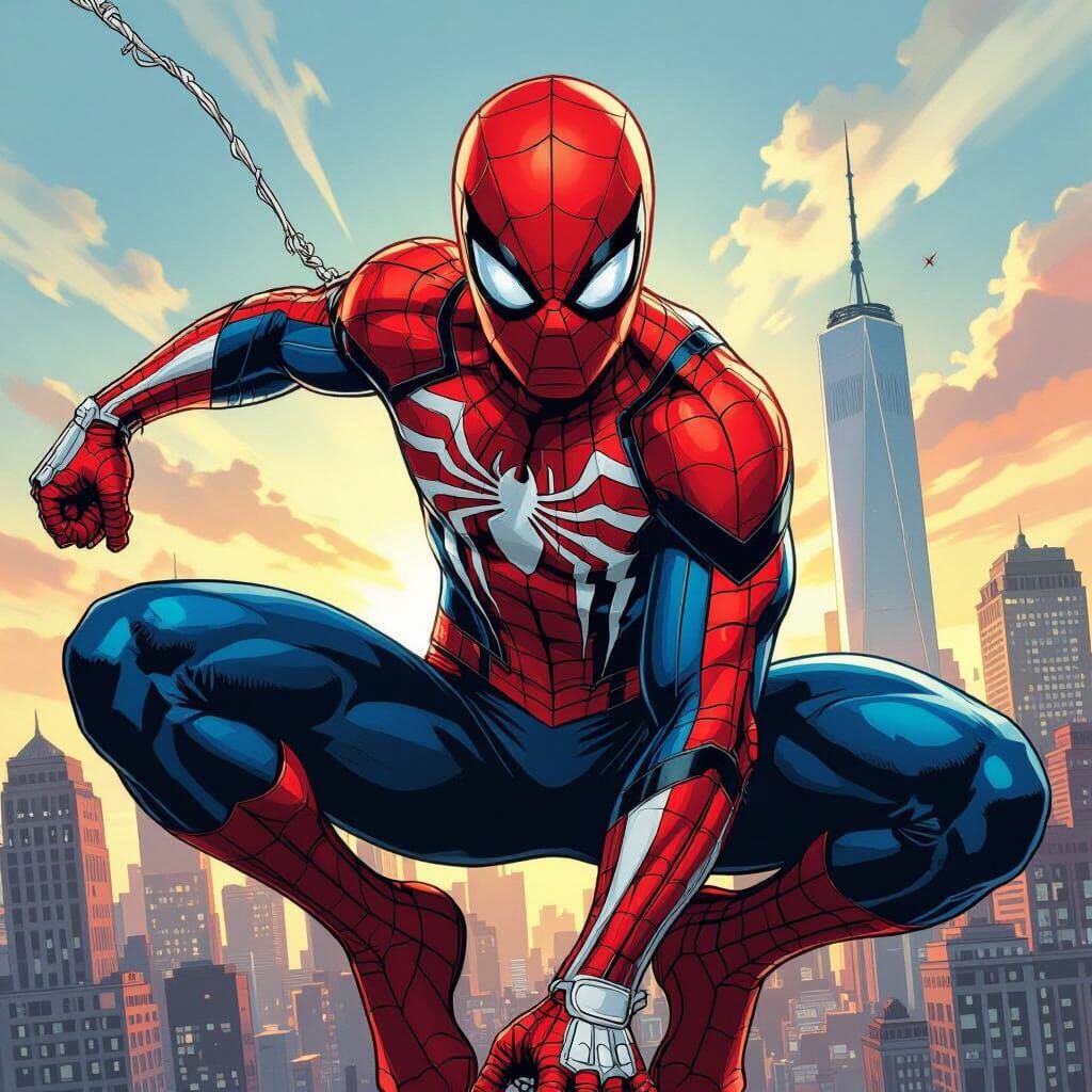Spiderman Leaps Across the City in Comic Book Style