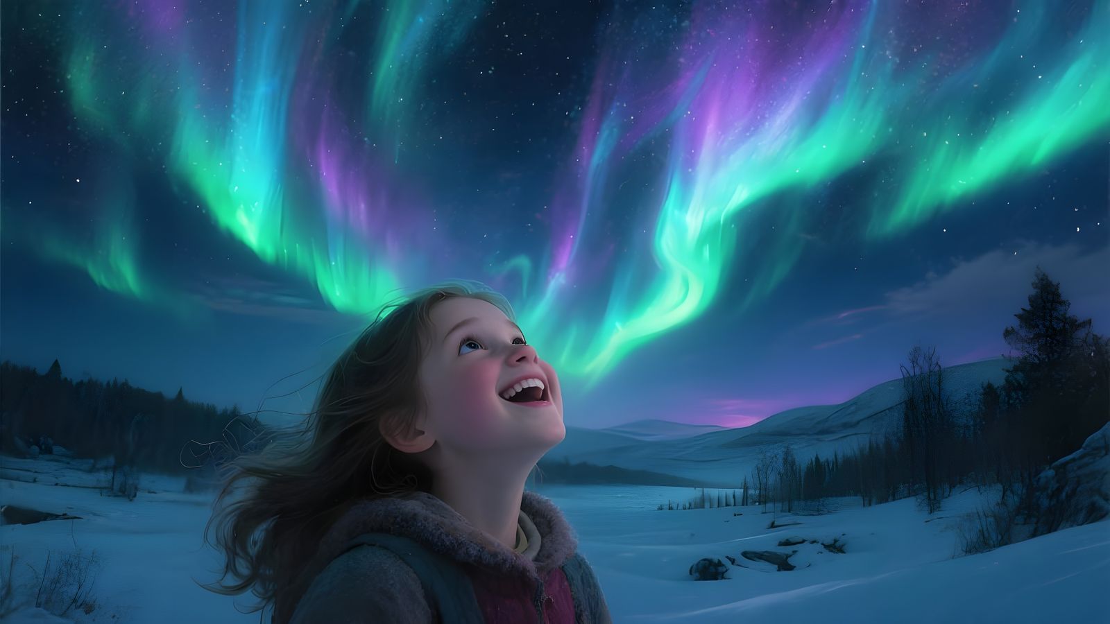 Girl Amazed by First Borealis Aurora Display