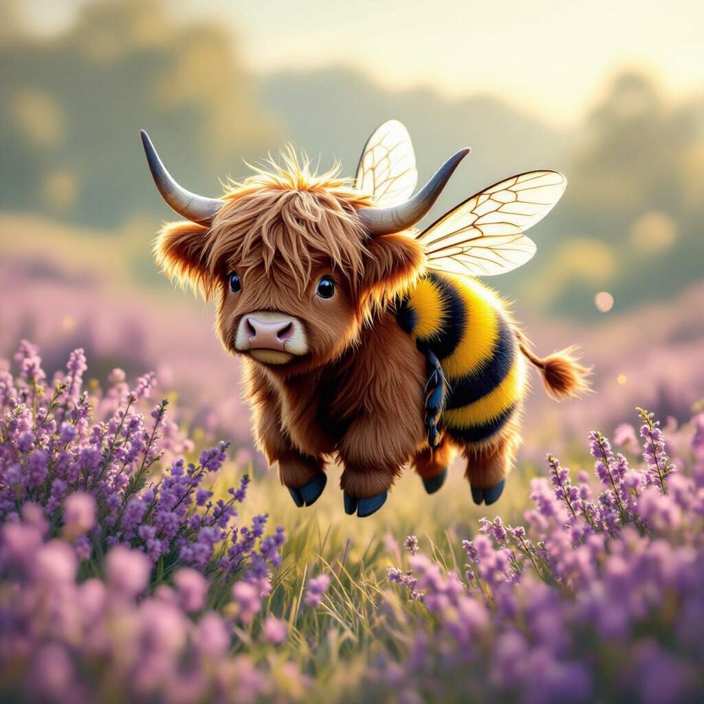 Whimsical Highland Cow Bumblebee Hybrid Over Heather Field