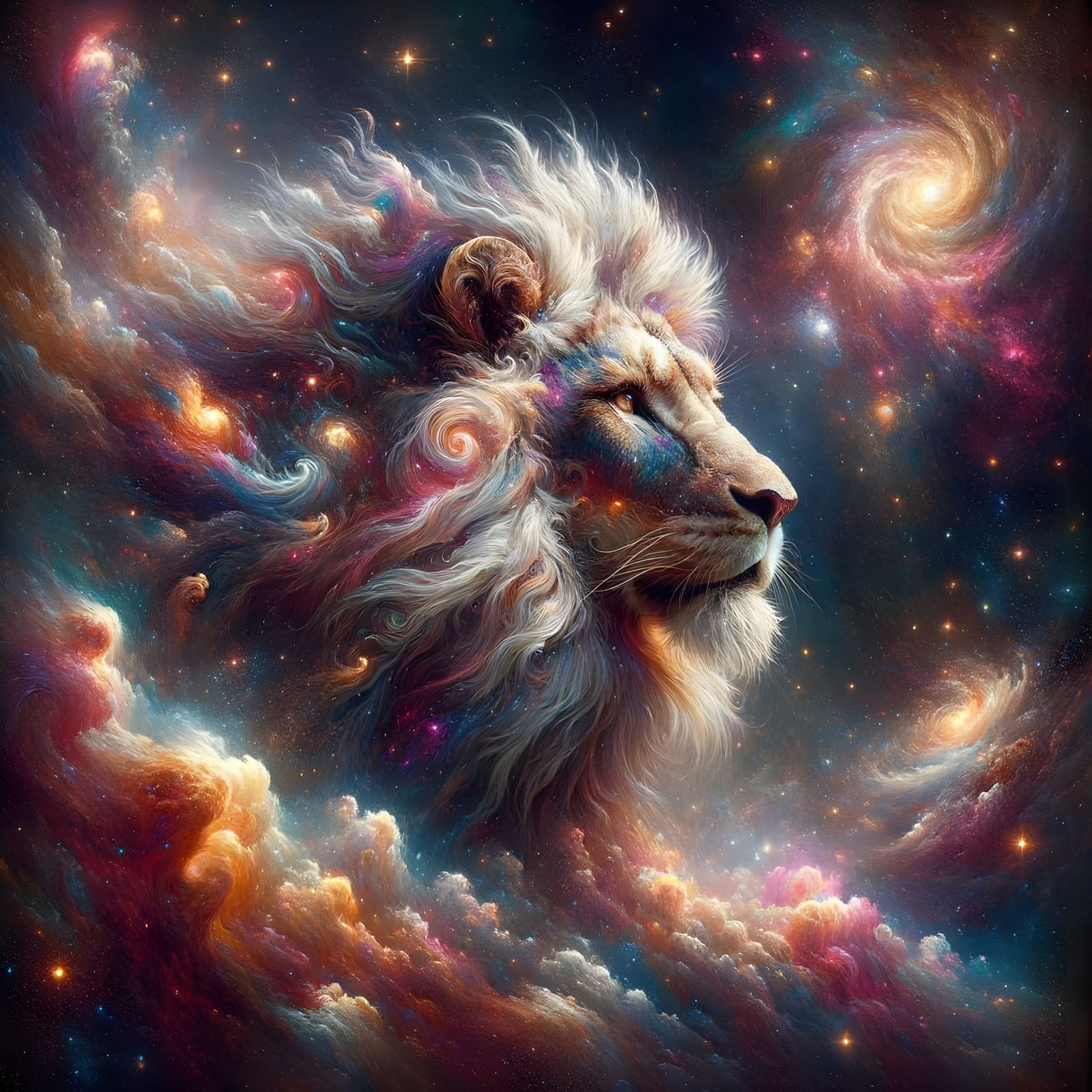 Cosmic Lion Roaming Through a Nebula in Surrealist Style