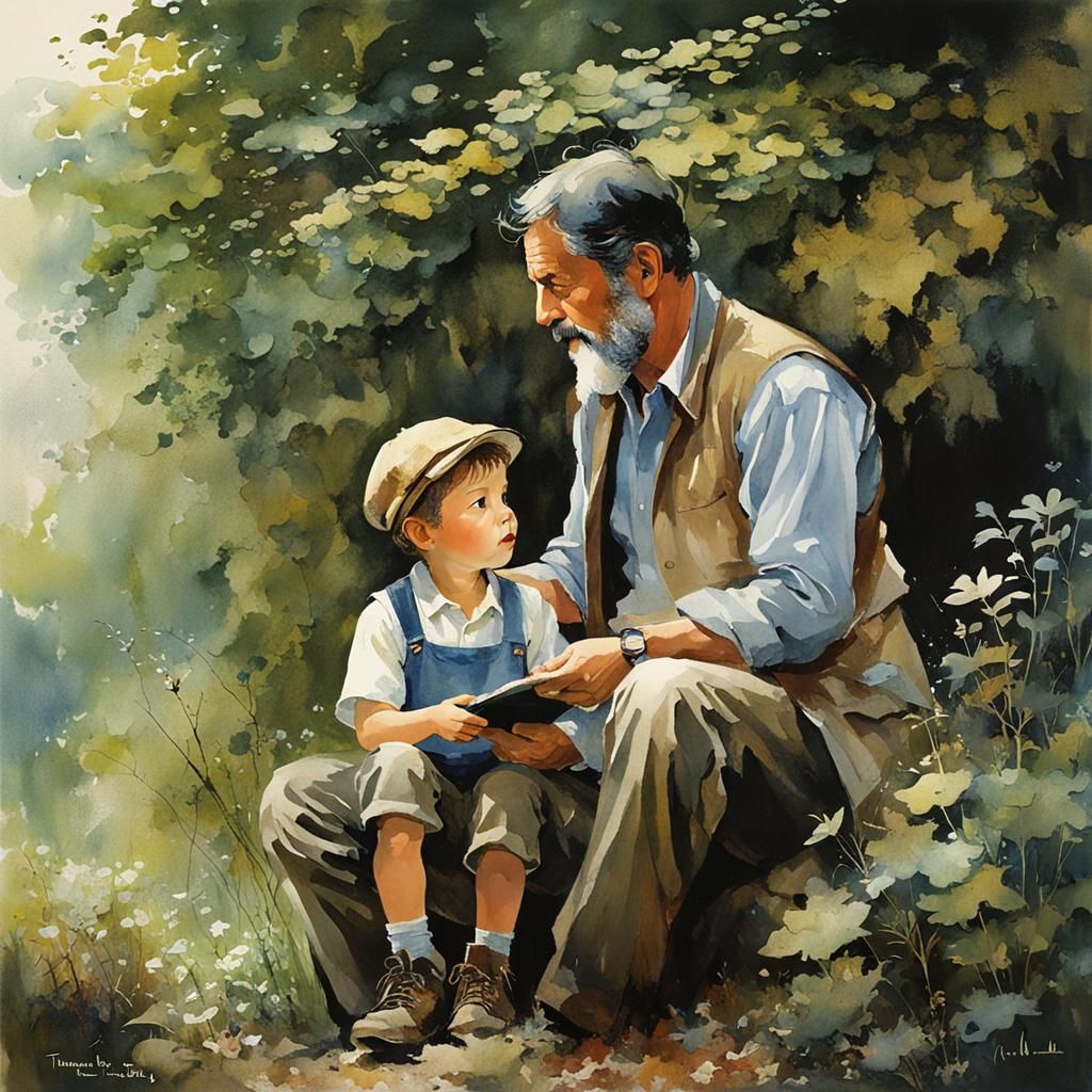 Father Explains Nature in Watercolor Style
