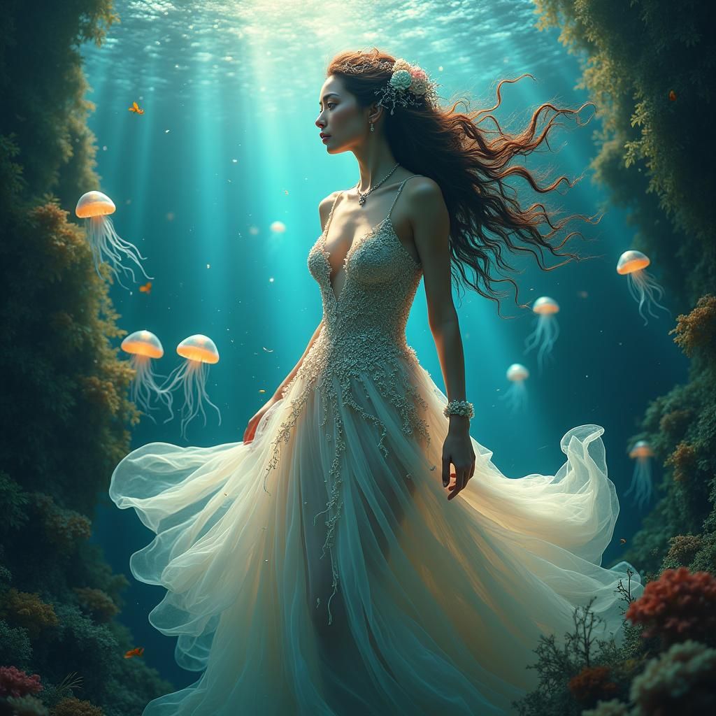 Oceanic Wedding: Art Nouveau Woman in Flowing Gown