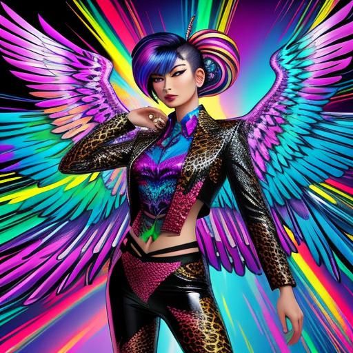 Winged Woman with Dragon Scales in Synthwave Style