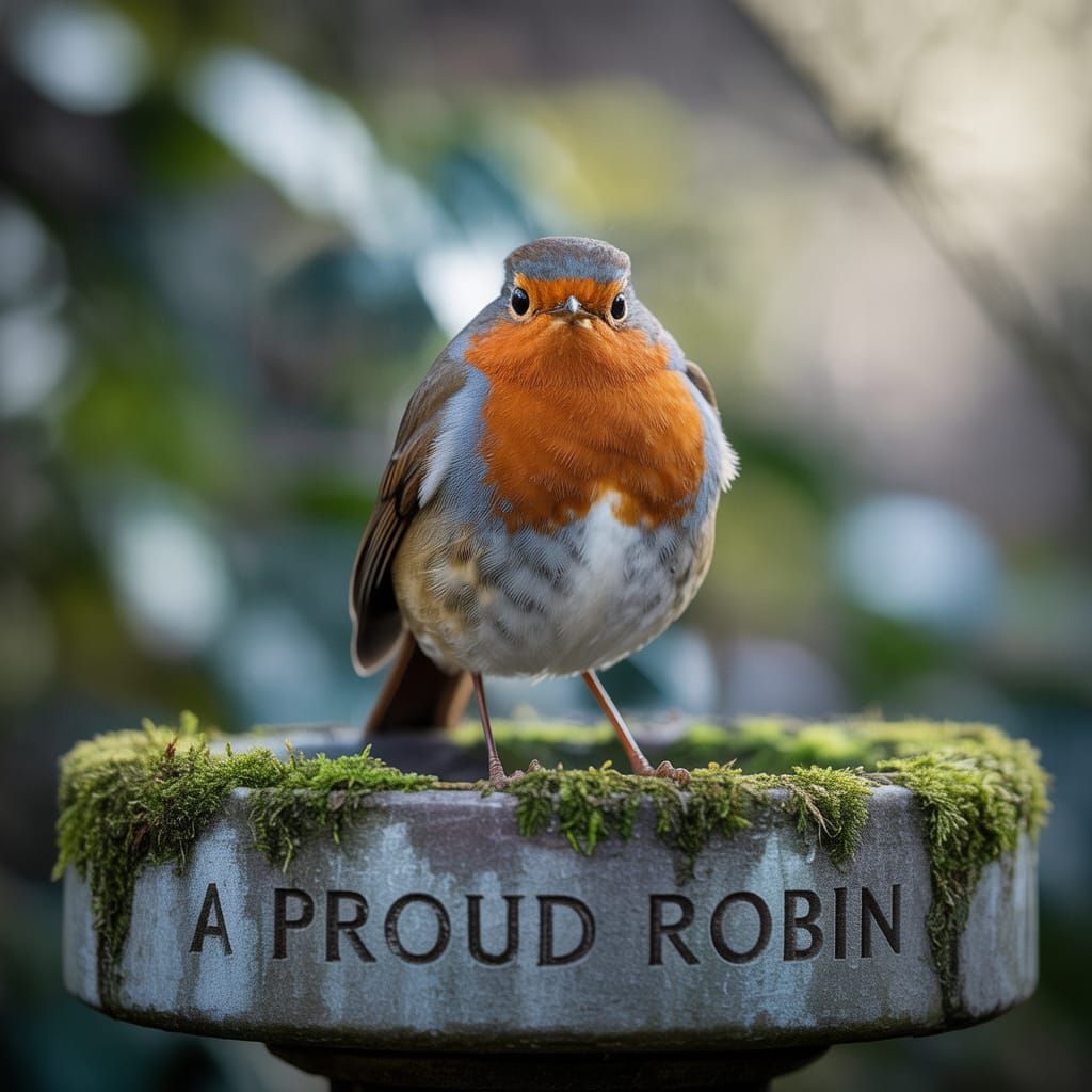 Proud Robin Portrait on Mossy Birdbath