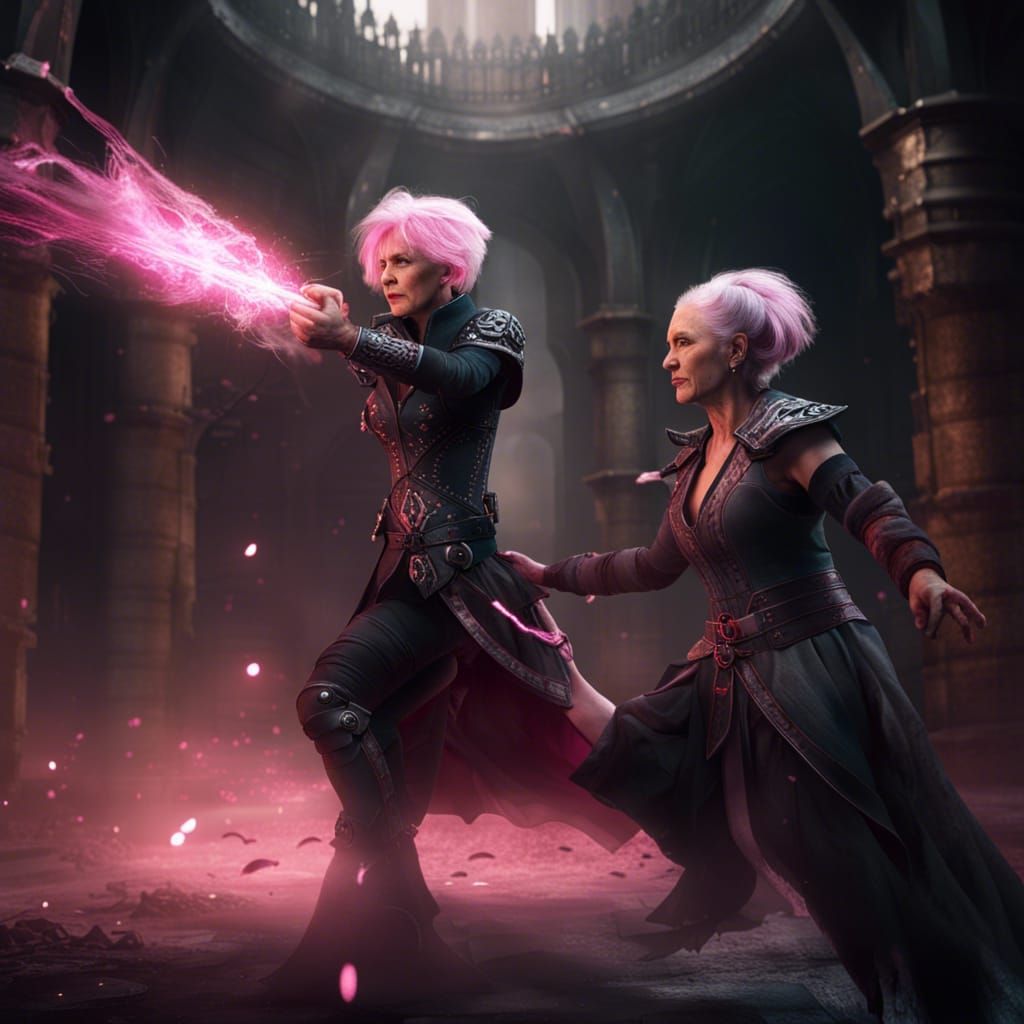 Gothic Woman and Pink-Haired Warrior Fight in Dungeon