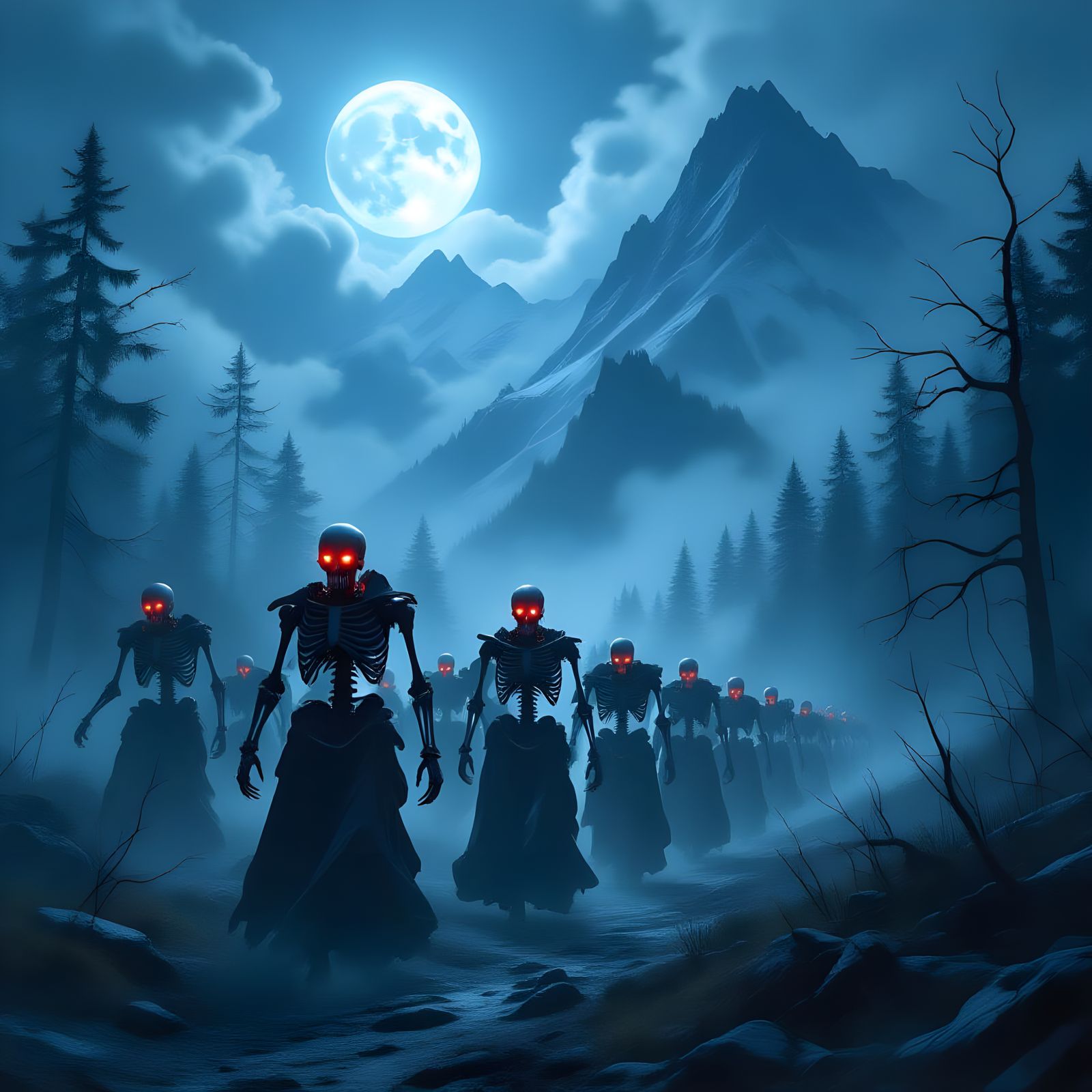 Titanium Skeletons March Through Misty Forest Under Full Moo...