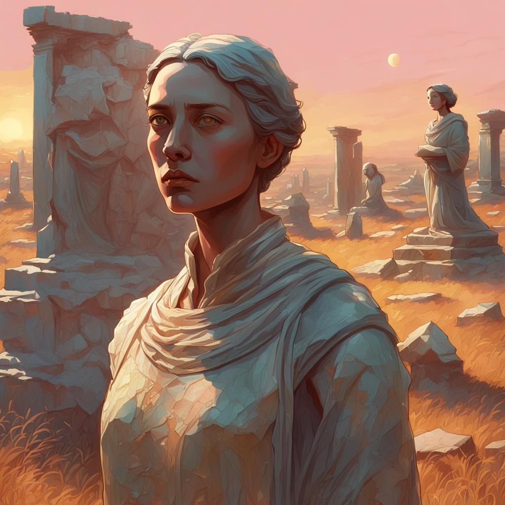 Serene Woman Among Marble Ruins: Hyperdetailed Portrait