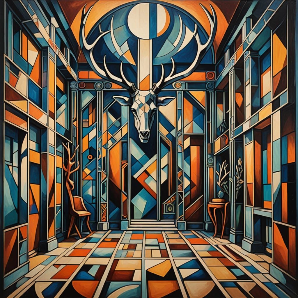 Cubist Hall with Silver Antlers in Art Deco Style