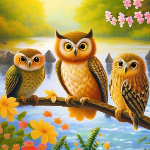 Cute Owls in Impressionistic, Romantic Style