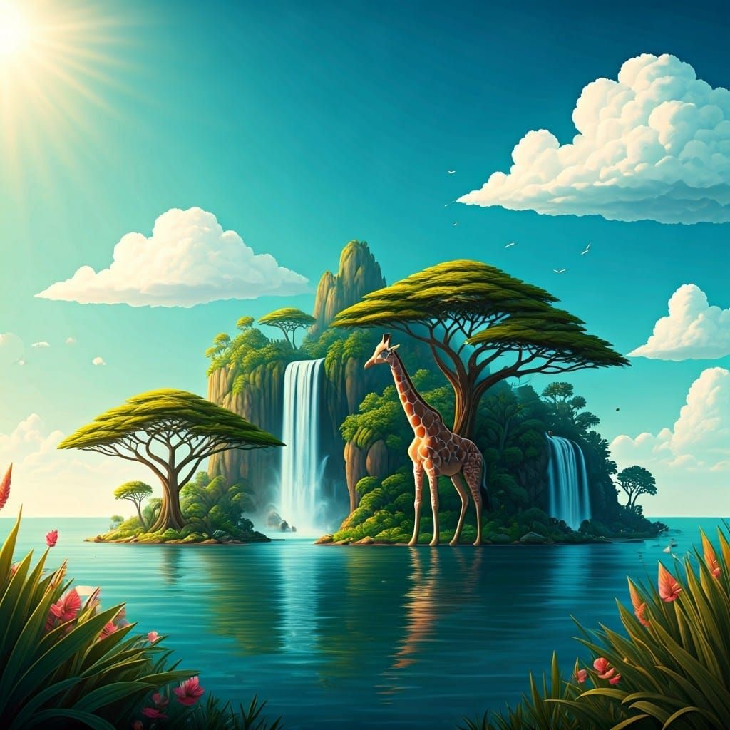 Ethereal Island Scene with Trees, Waterfalls, and Giraffe