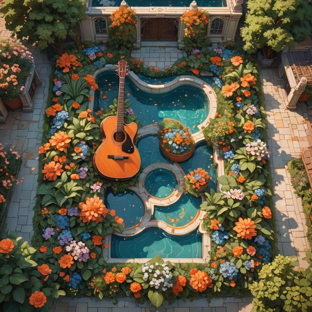 Guitar Pool in Ornate Courtyard, Splash Art