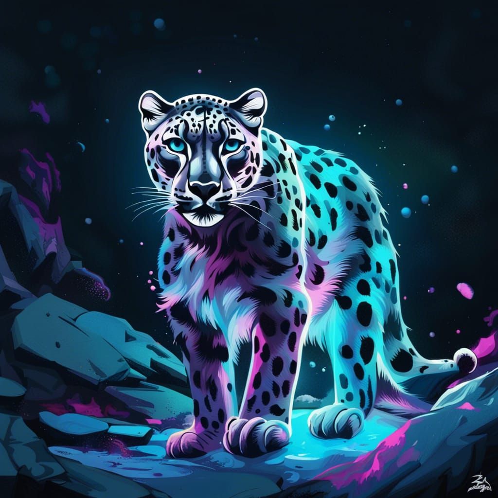 Bioluminescent Snow Leopard Graffiti Art