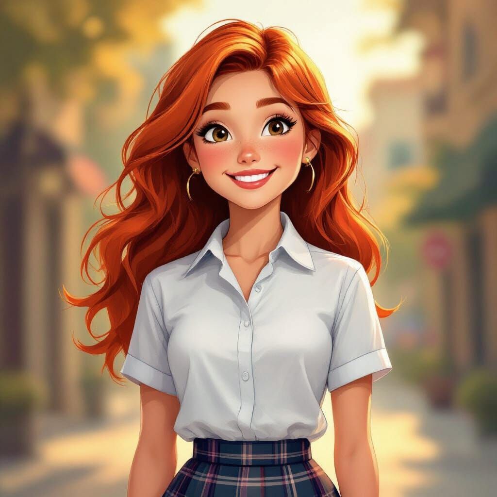 Cheerful Redhead Schoolgirl in Golden Hour Light