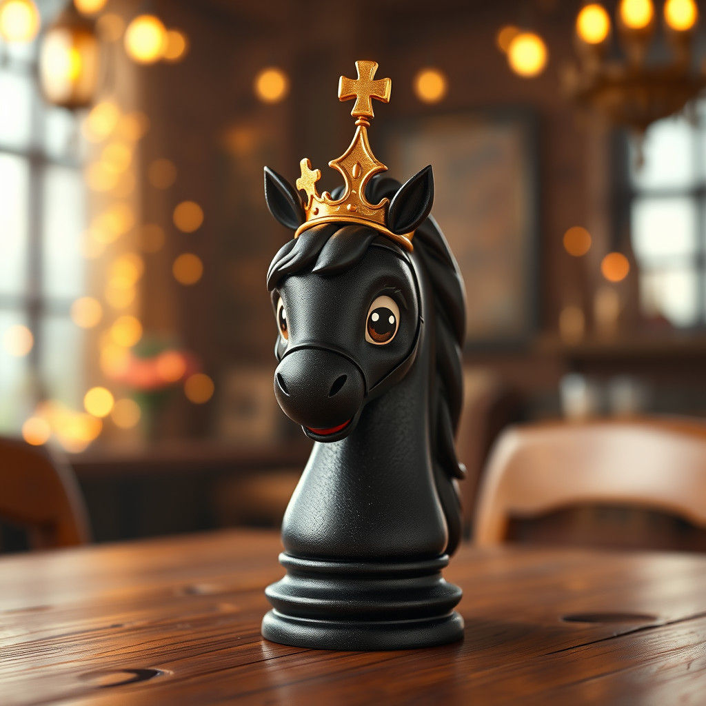 Crowned Black Chess Knight in Photorealistic Detail
