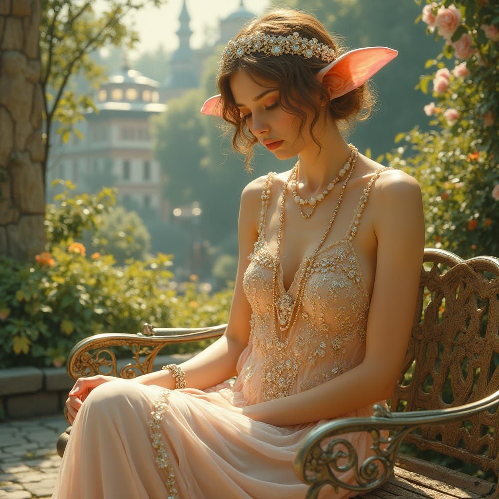 Beautiful Elf Woman in Klimt-Inspired Art Deco Garden