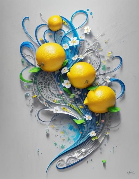 Picture perfect illustration of abstract lemon  painting with flowers in bloom, intricately detailed, colorful colors, c...