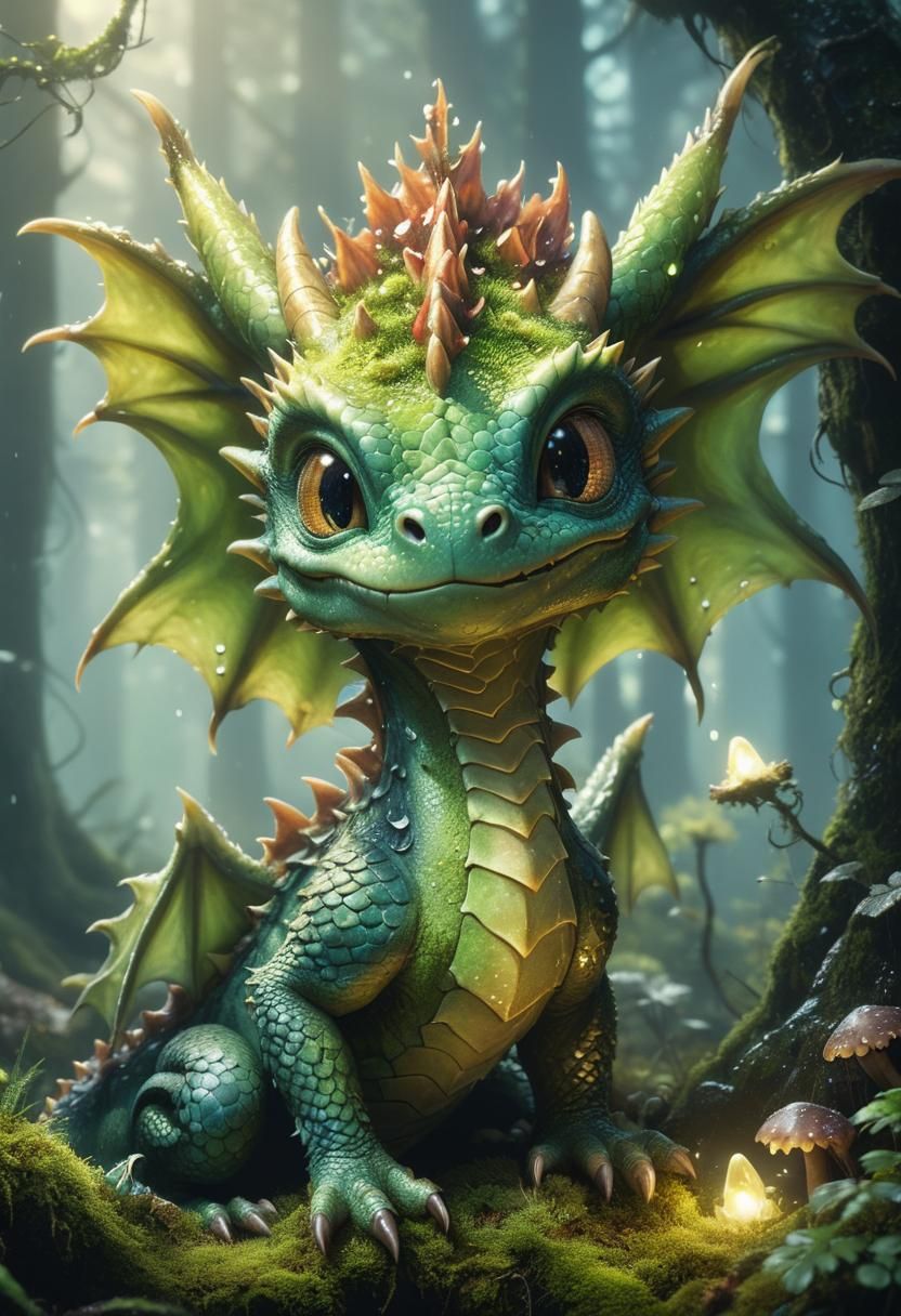 Cute Baby Dragon in Misty Forest: Hyper-Realistic Digital Ar...