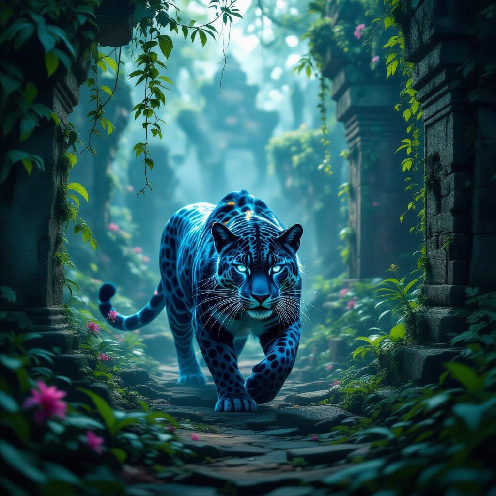 Celestial Jaguar Prowls Ancient Jungle Temple