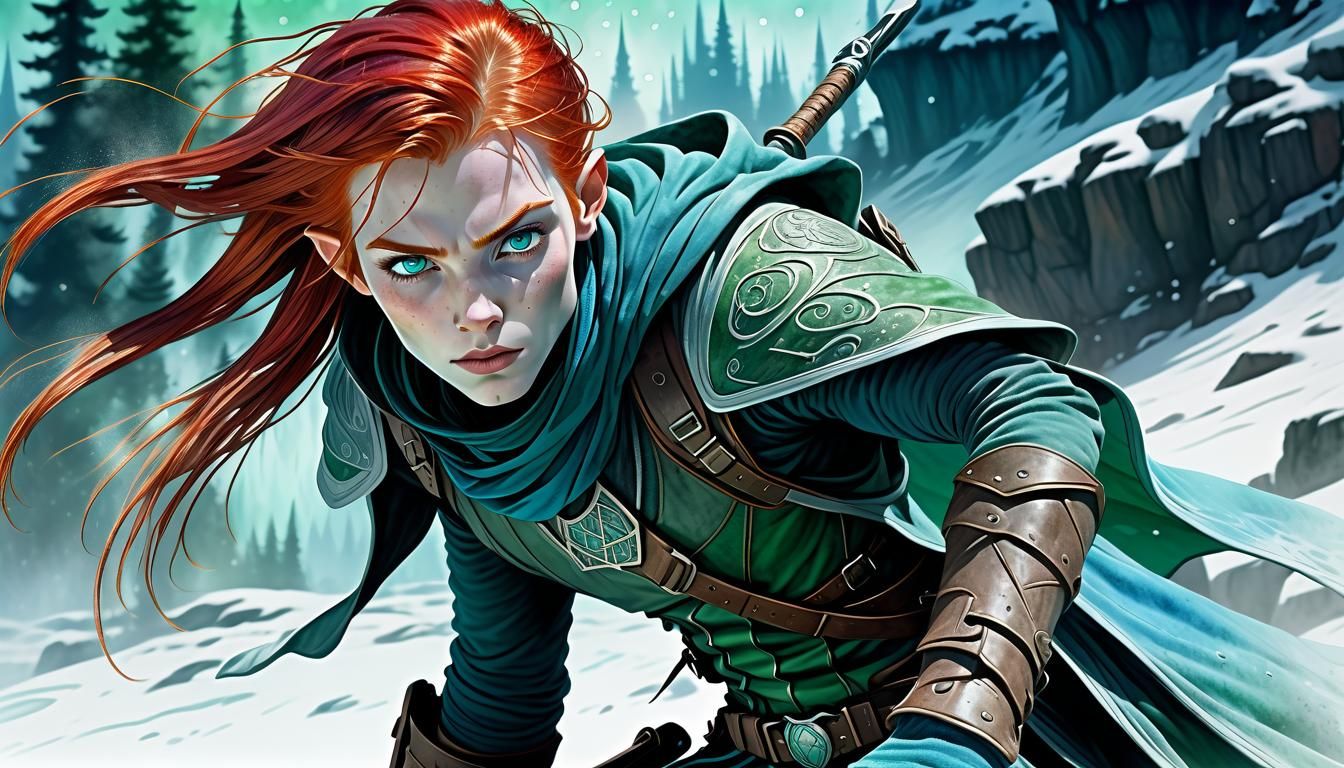 Elven Rogue in Icy Landscape as Digital Watercolor