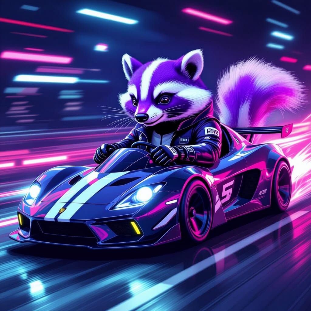 Skunk Drives Furry Sports Car: Digital Painting