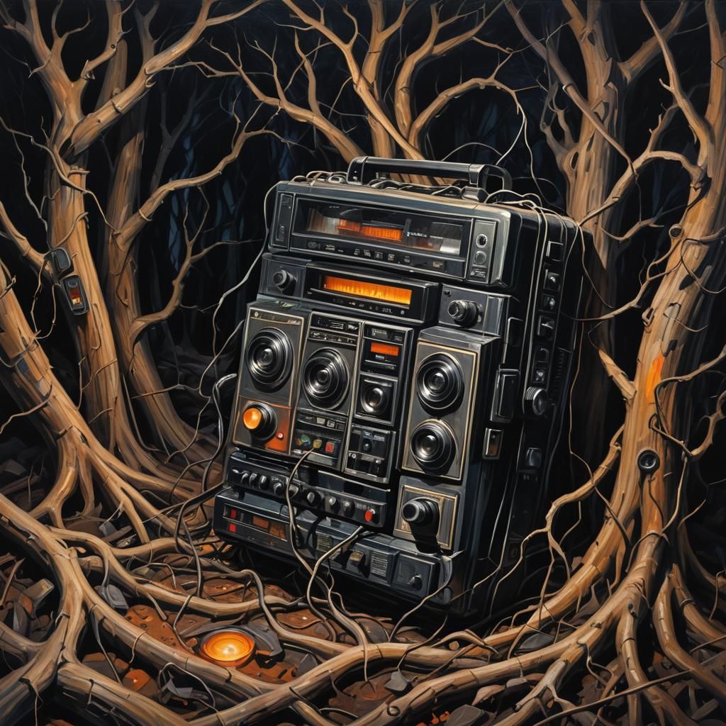 Surreal Cassette Recorder on Mountain of Roots