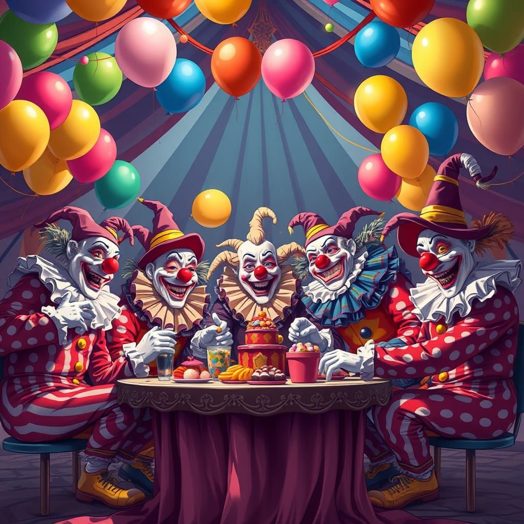 Clowns Celebrate Under Circus Tent in Manga Style