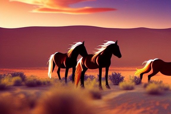 Wild Desert Horses in Hyperrealistic 8-bit Style