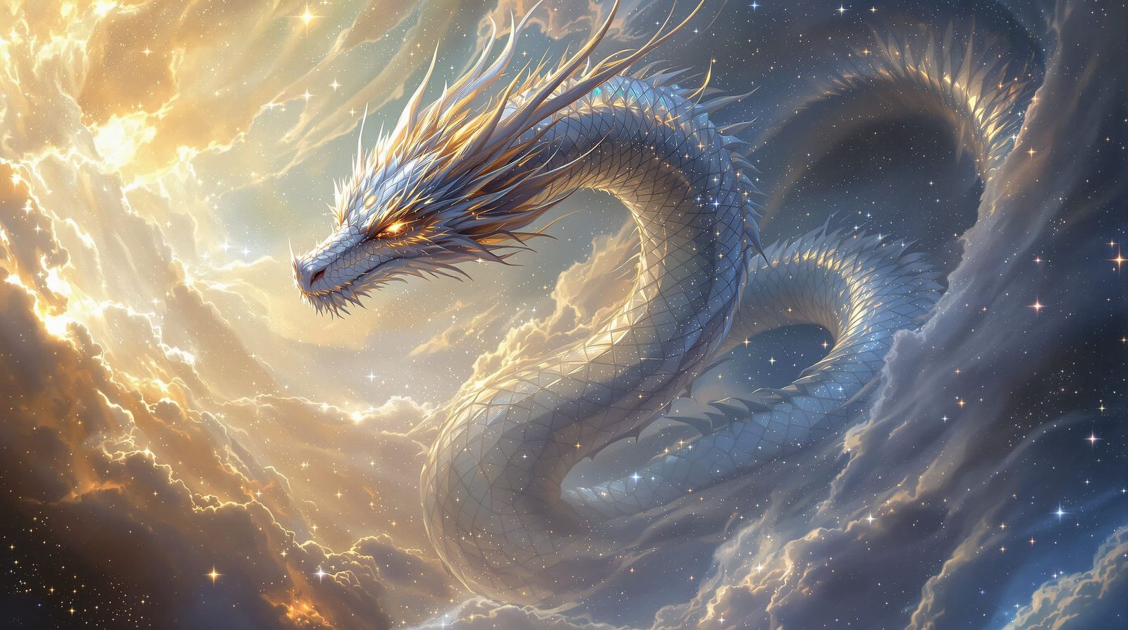 Iridescent Dragon Soaring Through Cosmic Nebula