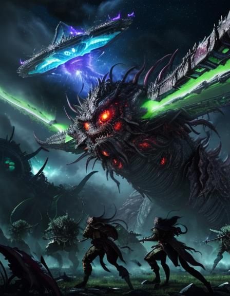 Epic Battle Against Outer Gods in Sci-Fi Landscape