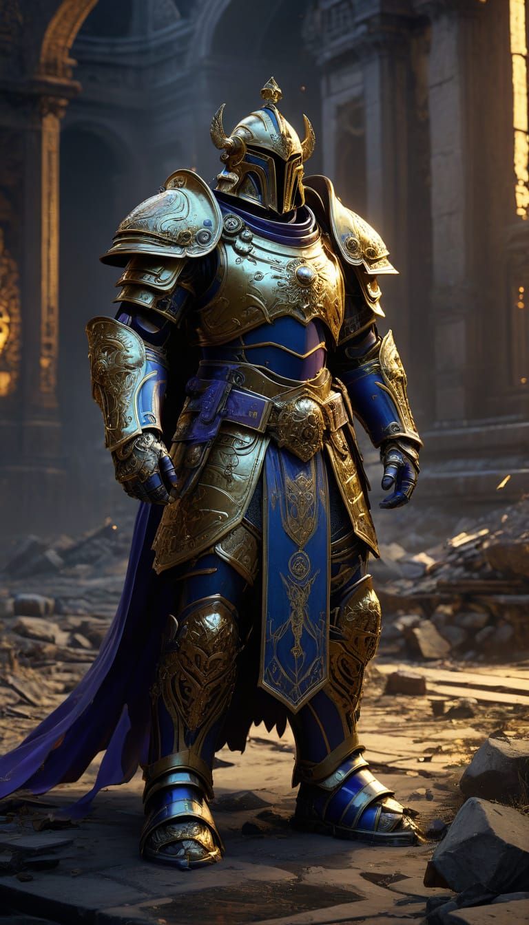 Surreal Blue and Gold Power Armor Praetor in Futuristic Goth...