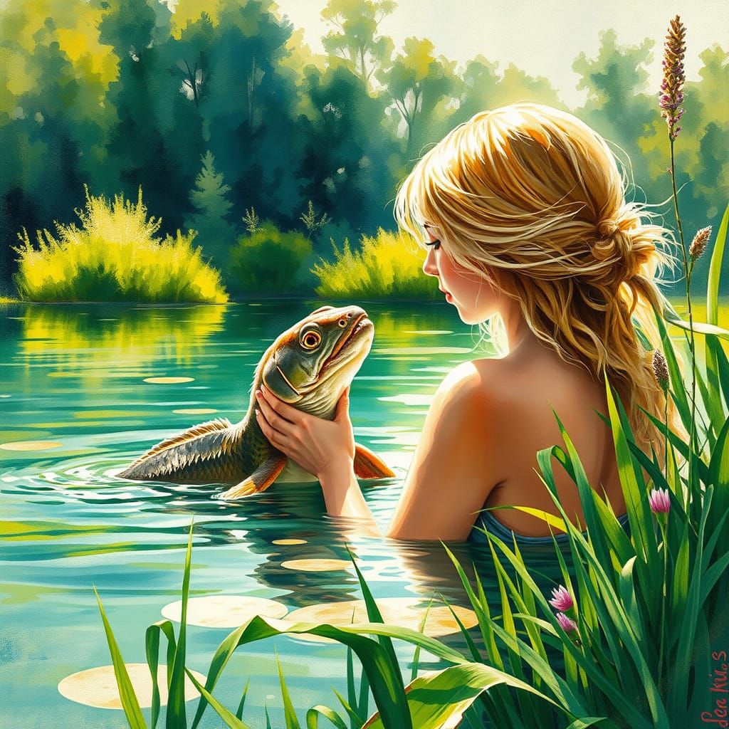 Boy and Girl Fishing: Charcoal Drawing in Gouache Style