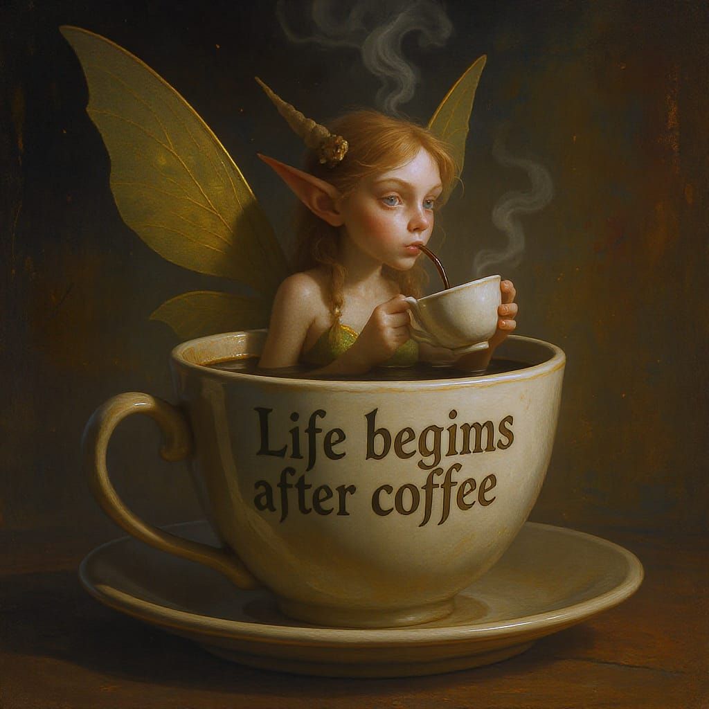 Fairy Sipping Coffee in Giant Cup, Digital Art