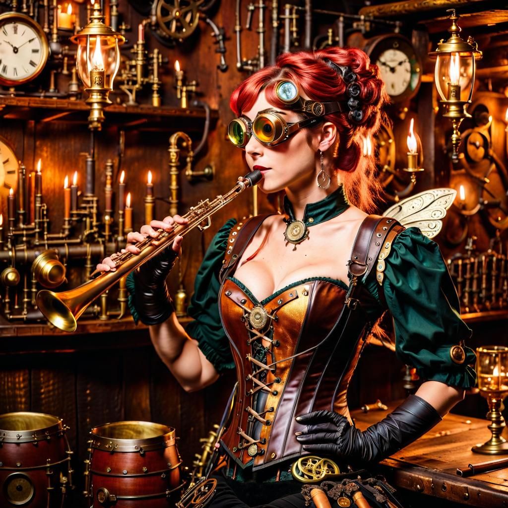 Steampunk Fairy Plays Flute in Tavern