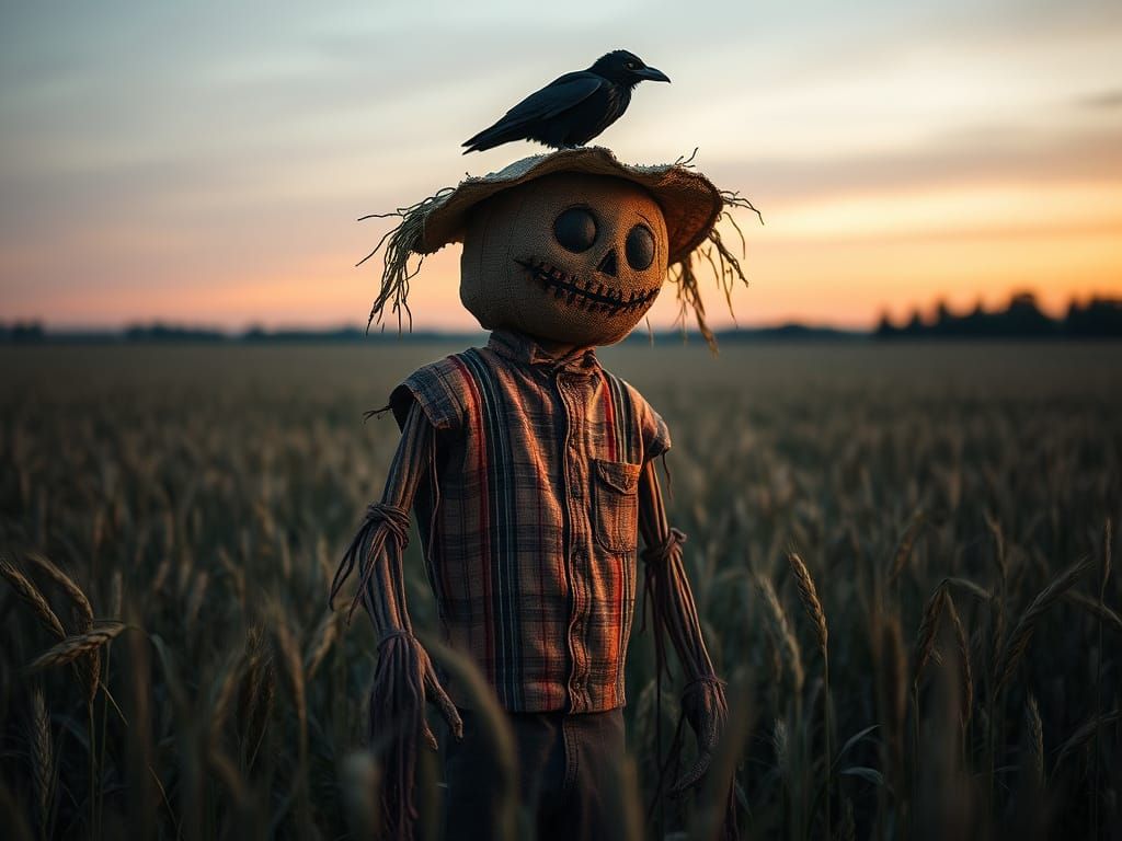 Mysterious Scarecrow Silhouette in Twilight Wheat Field