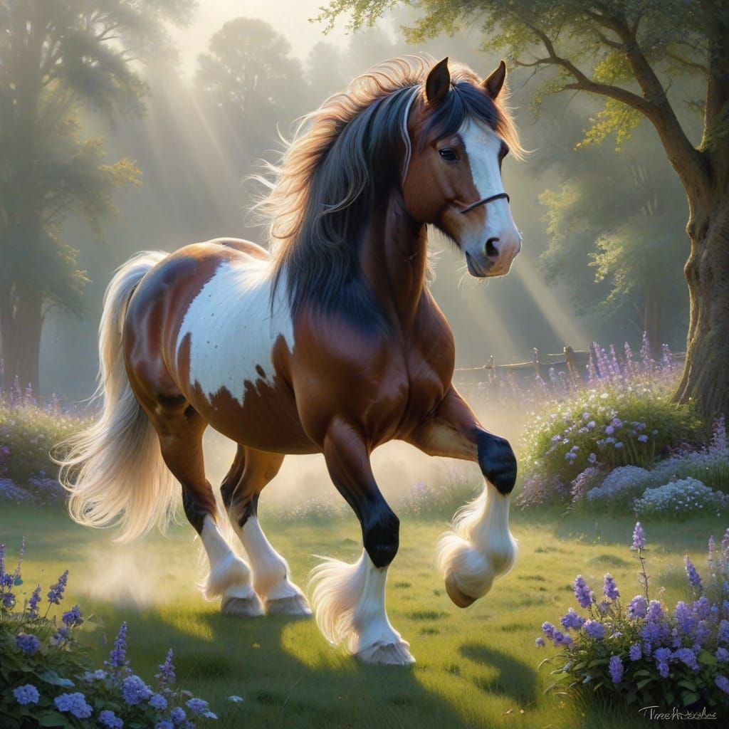 Elegant Clydesdale Horse in Misty Serene Pasture