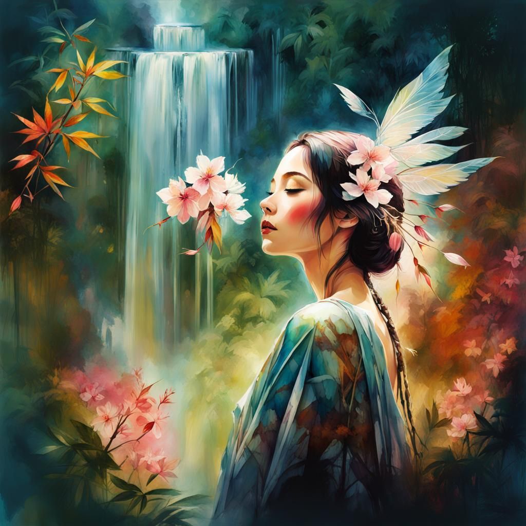 Watercolor Double Exposure: Waterfall Girl with Bamboo
