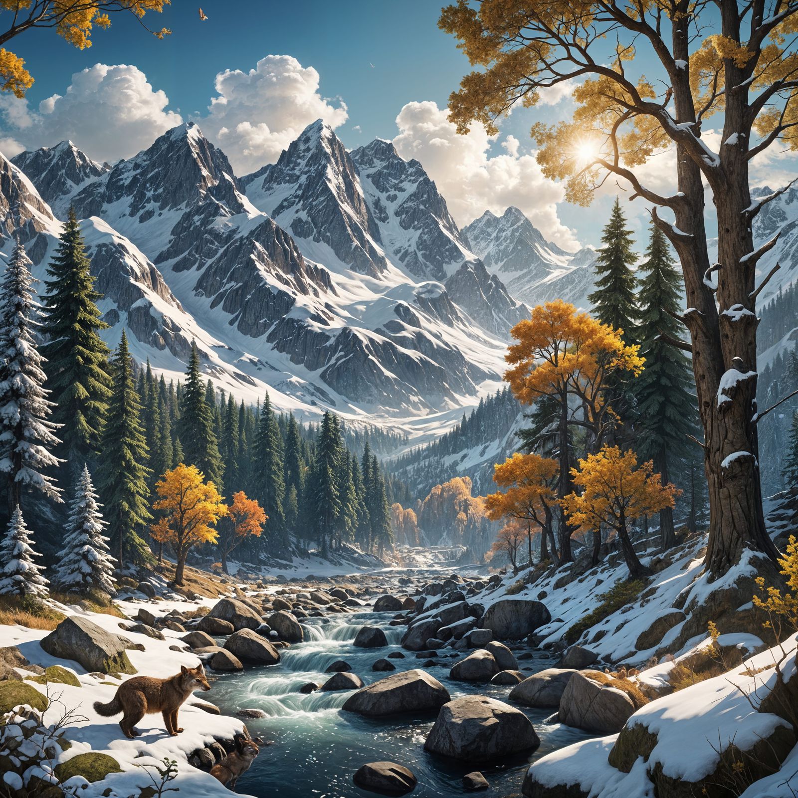 Snowy Mountains and Wildlife in Fantasy Art Style