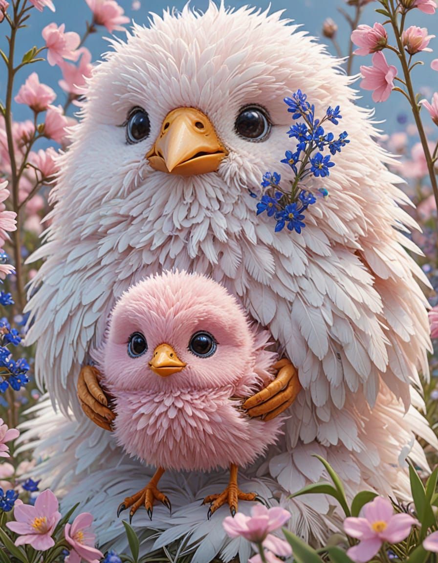 Vibrant Pink Bird Amidst Whimsical Wildflowers in Anime Styl...
