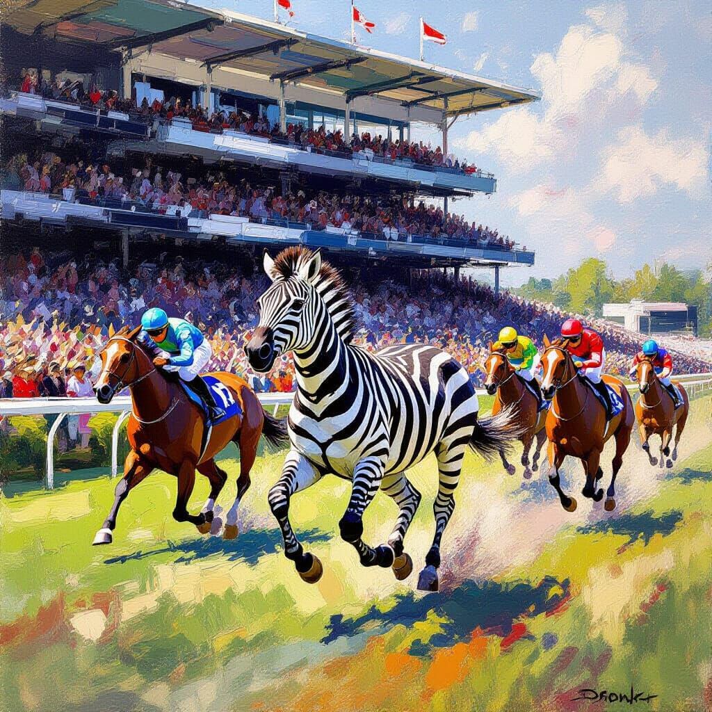 Zebra Races Horses in Vibrant Impressionist Stadium