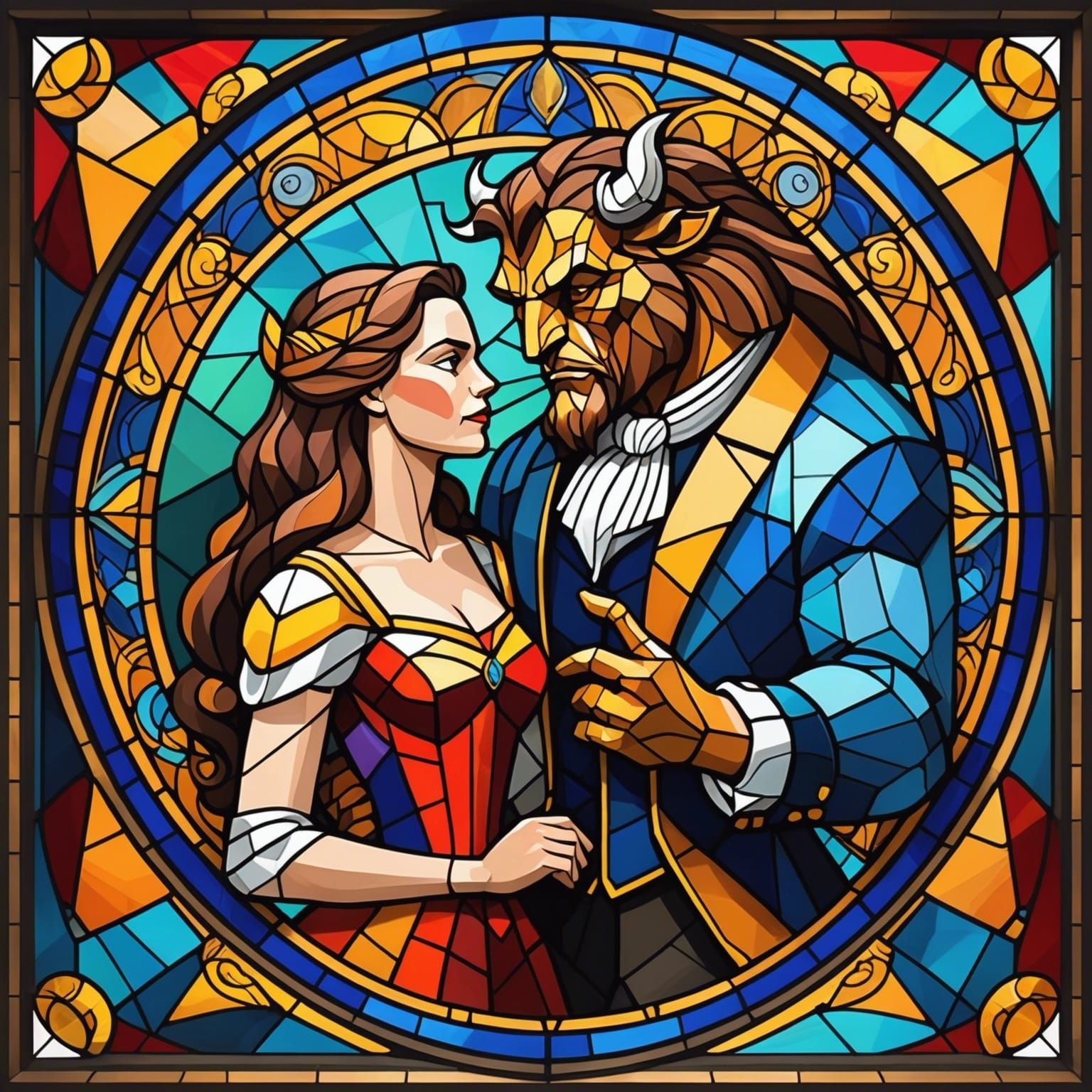 Stained Glass Beauty and the Beast in Cubist Style