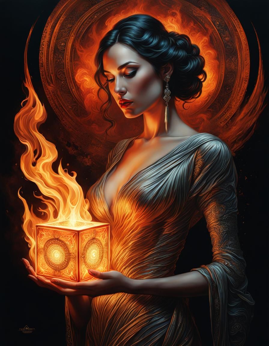 Fiery Cosmic Cube Held by Beautiful Woman